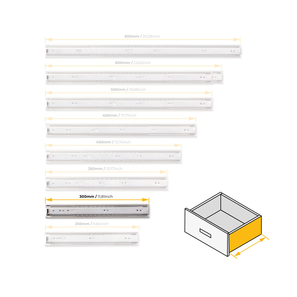 Satz kugelgelagerter Korpusschieneen für Schubladen mit Vollauszug, Höhe 45mm, Länge 300mm, Stahl, Verzinkt-8