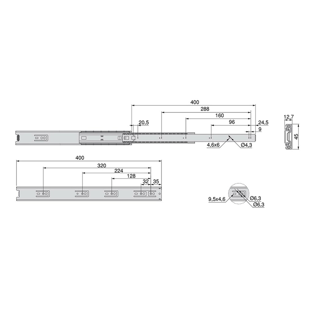 Pair of Full extension ball bearing slides for drawers for drawers, height 45mm, length 400mm, Steel, Zinc plated-1