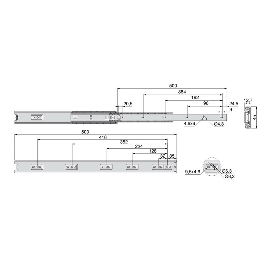 Pair of Full extension ball bearing slides for drawers for drawers, height 45mm, length 500mm, Steel, Zinc plated-1