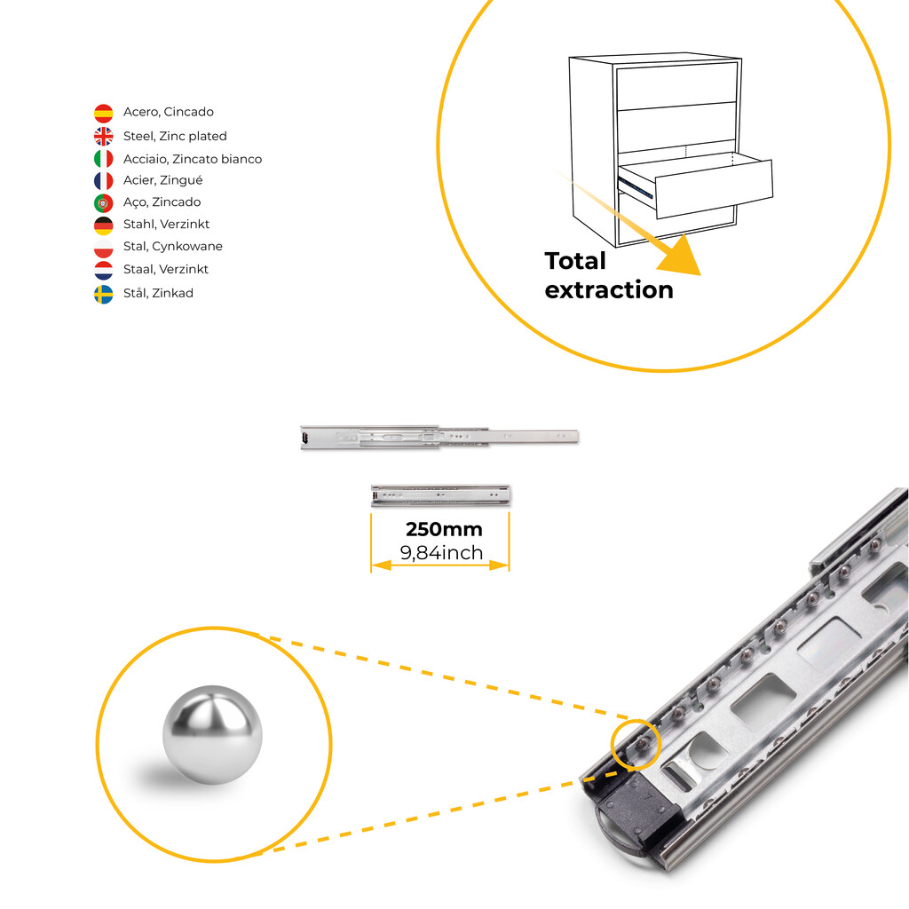 Pair of Full extension ball bearing slides for drawers, height 45mm, length 250mm, Steel, Zinc plated-6
