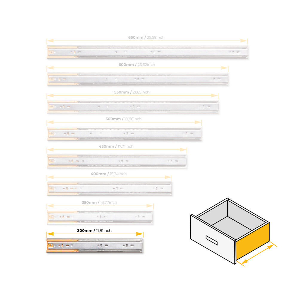 Juego de guías de bolas para cajones con extracción total y cierre suave, altura 45mm, logitud 300mm, Acero, Cincado-11