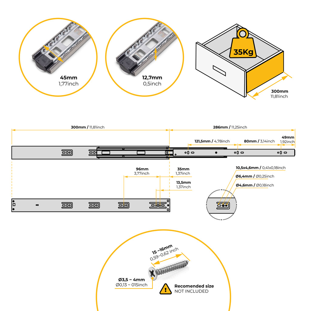 Juego de guías de bolas para cajones con extracción total y cierre suave, altura 45mm, logitud 300mm, Acero, Cincado-2