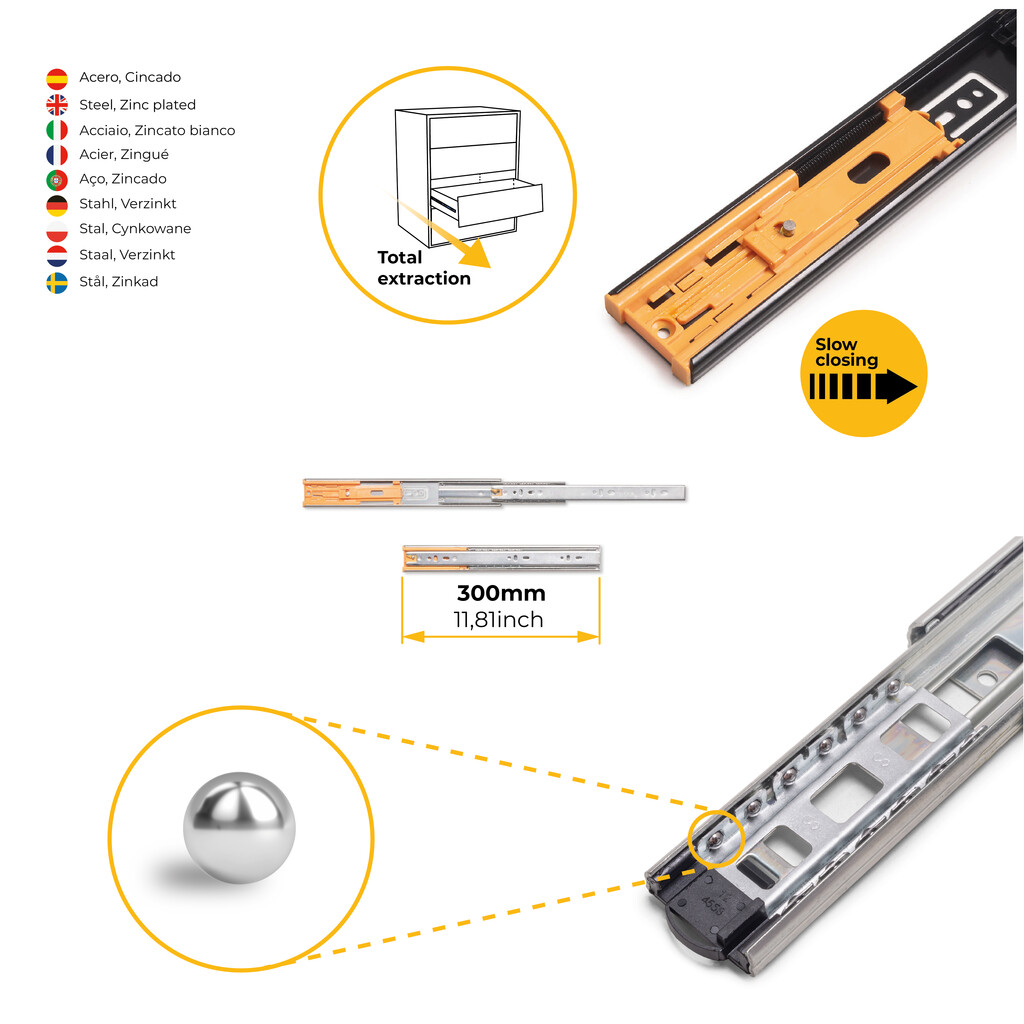 Juego de guías de bolas para cajones con extracción total y cierre suave, altura 45mm, logitud 300mm, Acero, Cincado-9