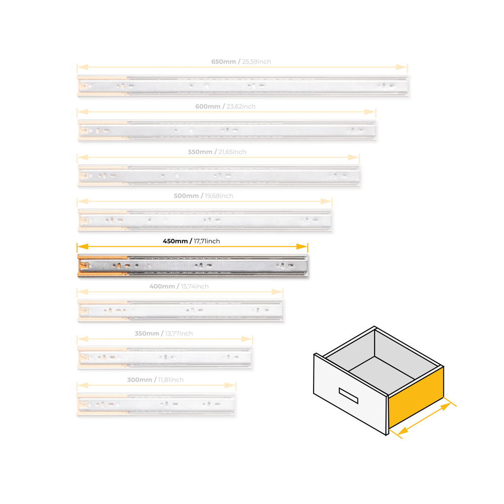 Satz kugelgelagerter Korpusschieneen für Schubladen mit Vollauszug, mit Schließautomatik, Höhe 45mm, Länge 450mm, Stahl, Verzinkt-12