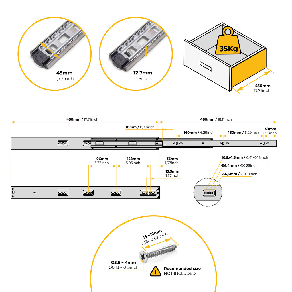 Satz kugelgelagerter Korpusschieneen für Schubladen mit Vollauszug, mit Schließautomatik, Höhe 45mm, Länge 450mm, Stahl, Verzinkt-3