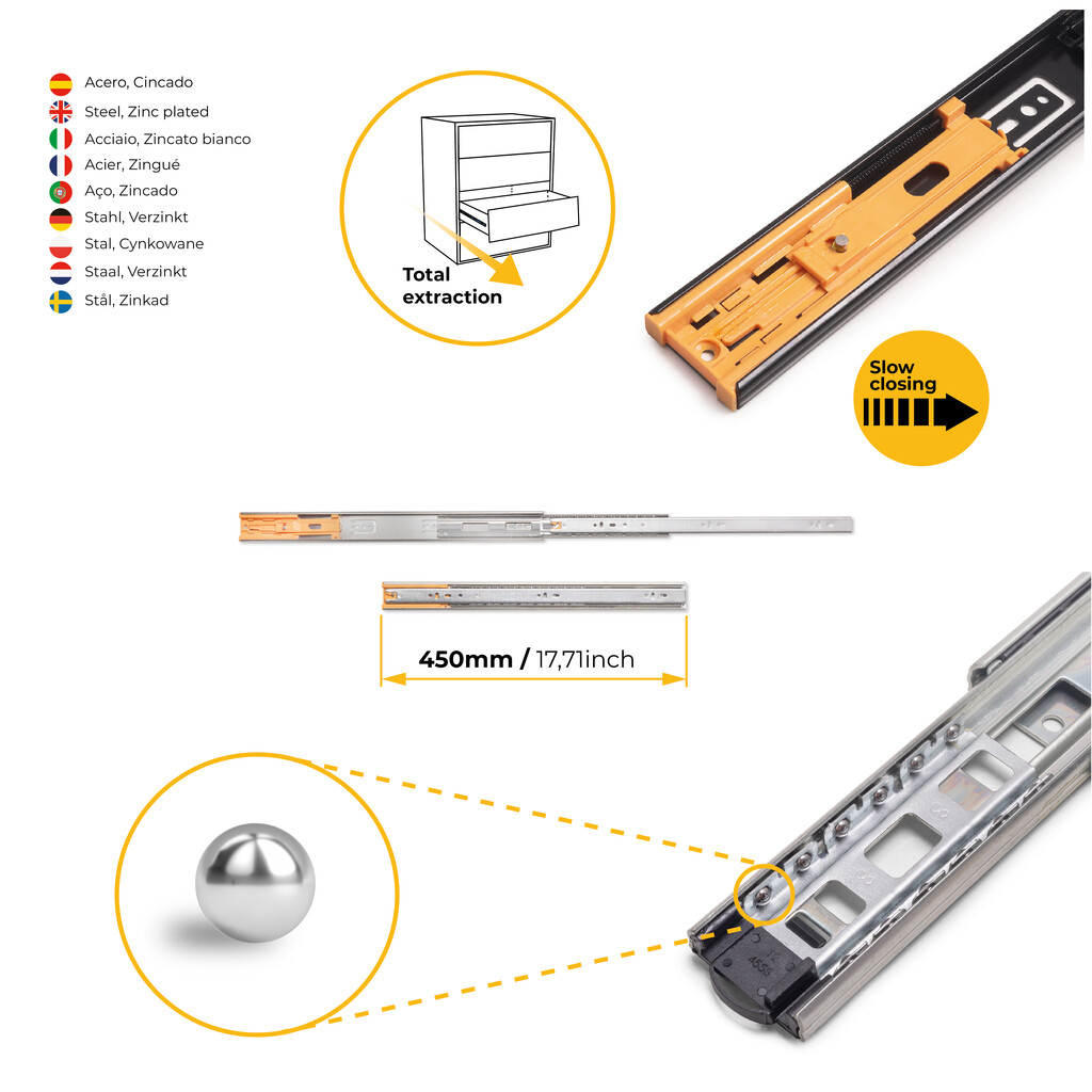 Satz kugelgelagerter Korpusschieneen für Schubladen mit Vollauszug, mit Schließautomatik, Höhe 45mm, Länge 450mm, Stahl, Verzinkt-10