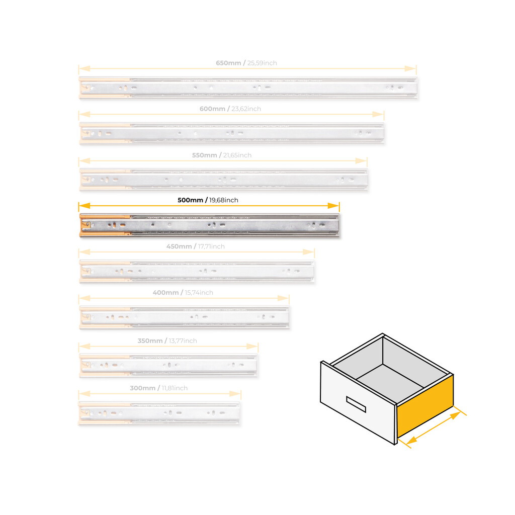 Pair of Full extension ball bearing slides for drawers with soft closing, height 45mm, Length 500mm, Steel, Zinc plated-11
