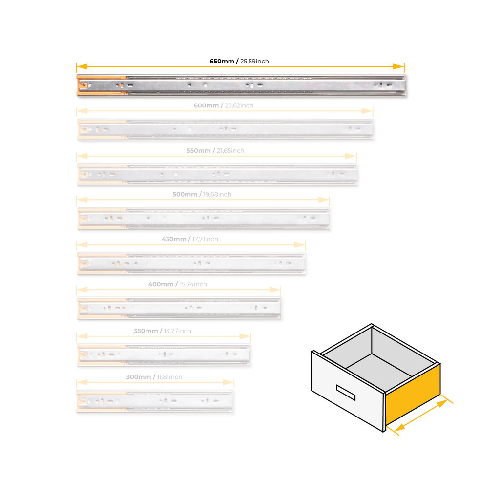 Satz kugelgelagerter Korpusschieneen für Schubladen mit Vollauszug, mit Schließautomatik, Höhe 45mm, Länge 650mm, Stahl, Verzinkt-11