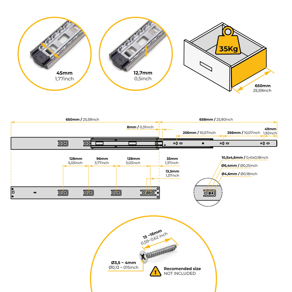 Satz kugelgelagerter Korpusschieneen für Schubladen mit Vollauszug, mit Schließautomatik, Höhe 45mm, Länge 650mm, Stahl, Verzinkt-2