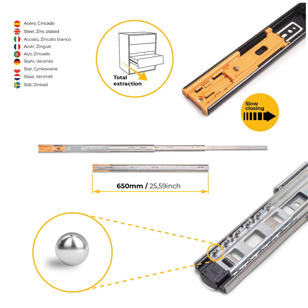 Satz kugelgelagerter Korpusschieneen für Schubladen mit Vollauszug, mit Schließautomatik, Höhe 45mm, Länge 650mm, Stahl, Verzinkt-9