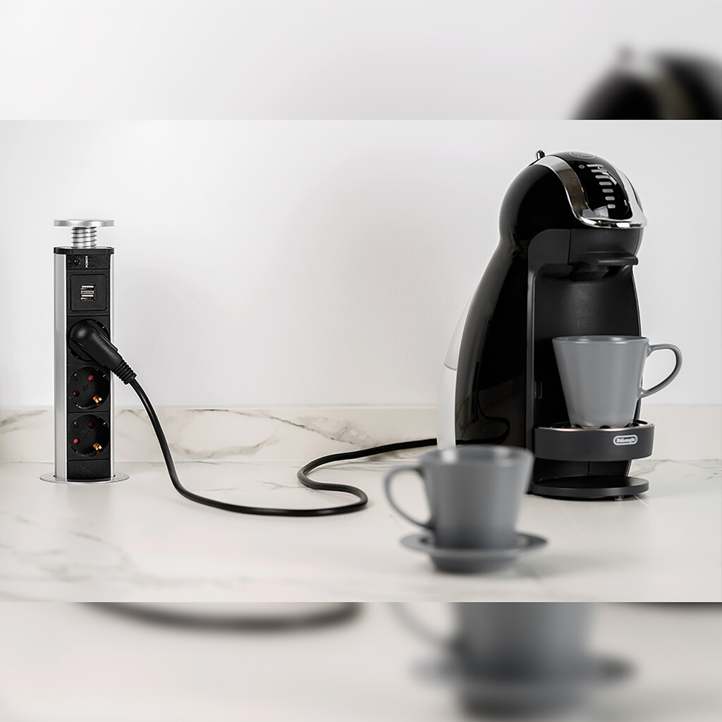 Vertikal pull-out multi-connector, 3 x Schuko plugs, 2 x USB type A, Plastic and Aluminium, Metallic Grey-3