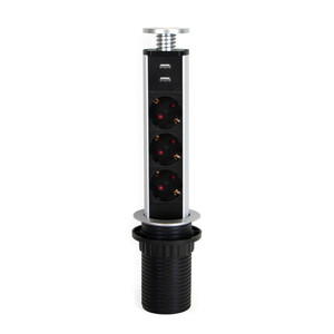 Vertikal uitschuifbare multi-connector, 3 x Schuko-plug, 2 x USB Type A, Plastic en Aluminium, Grijs metallic Produktfoto