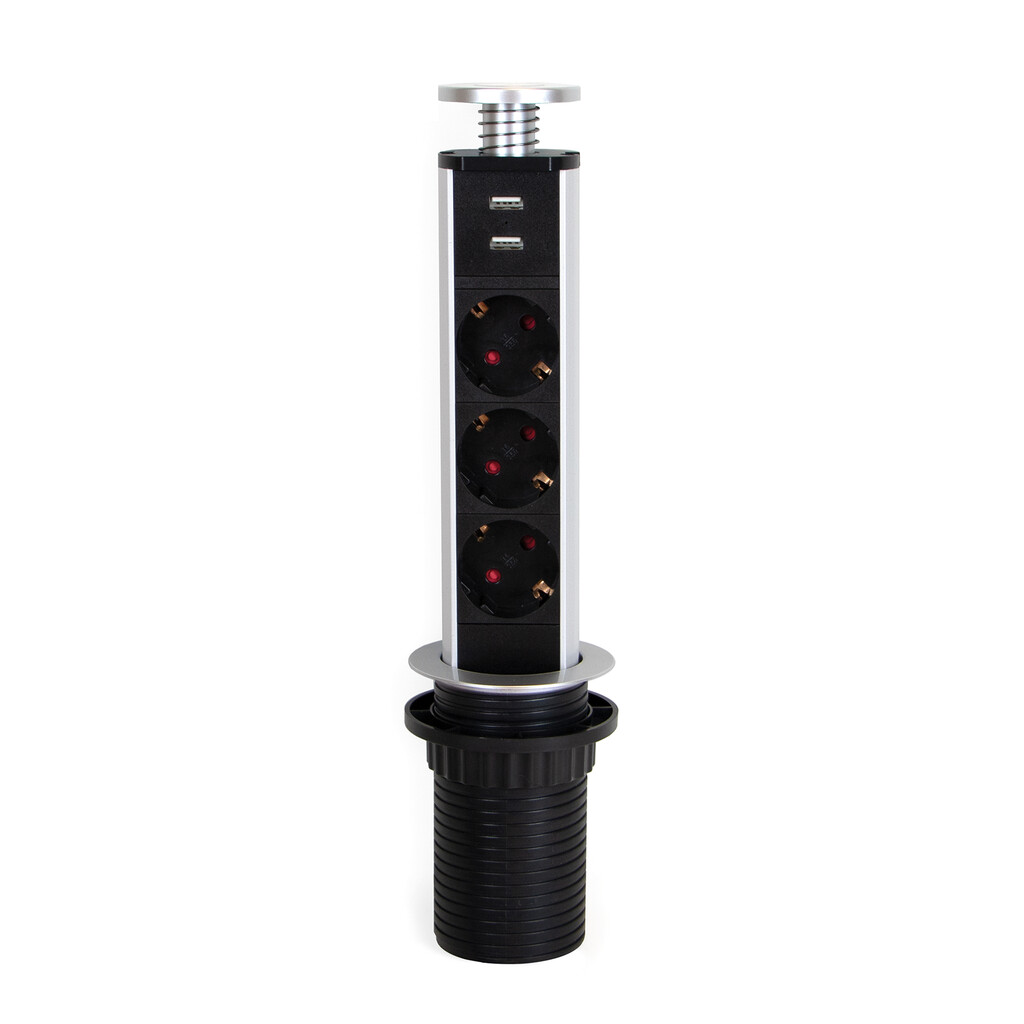 Vertikal pull-out multi-connector, 3 x Schuko plugs, 2 x USB type A, Plastic and Aluminium, Metallic Grey-Primary