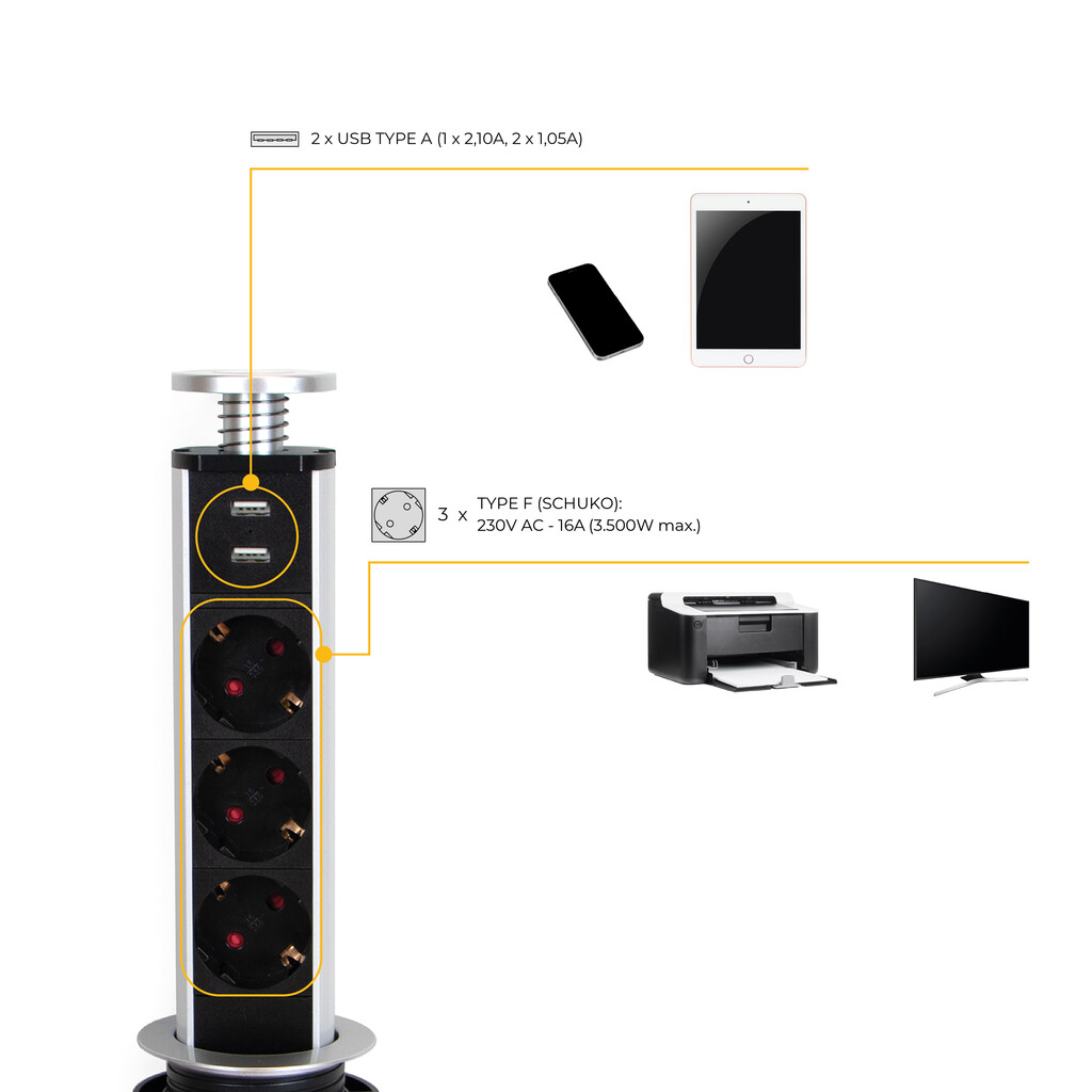 Multiconector extraíble Vertikal, 3 enchufes tipo Schuko, 2 USB tipo A, Plástico y Aluminio, Gris metalizado-4