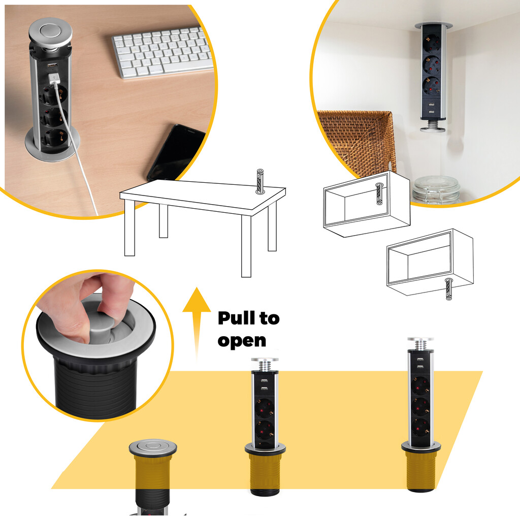 Multiconector extraíble Vertikal, 3 enchufes tipo Schuko, 2 USB tipo A, Plástico y Aluminio, Gris metalizado-6