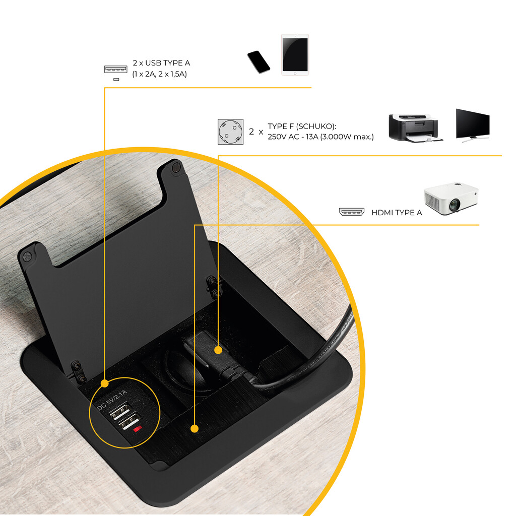 Multiconector Atom 14 para escritório, EU, Pintado preto, Aço e Plástico e Alumínio-6