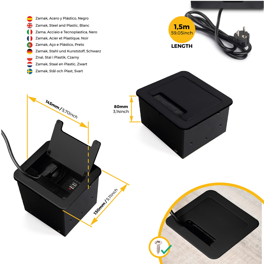 Multiconector Atom 14 para escritório, EU, Pintado preto, Aço e Plástico e Alumínio-5