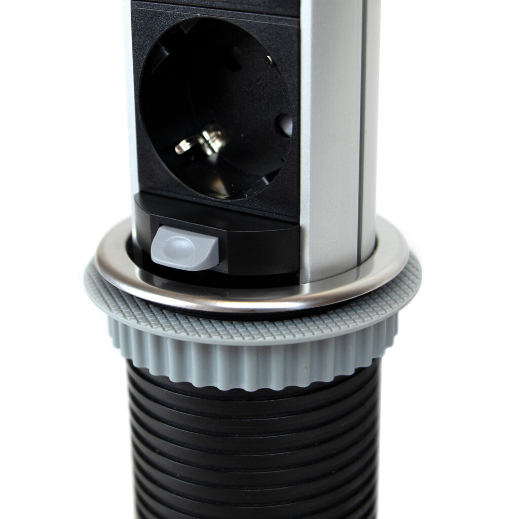 Vertikal Push 60 pull-out multi-connector, diametre 60mm, 2 x Schuko plugs, 2 x USB type A, Steel and Plastic, Stainless steel-5