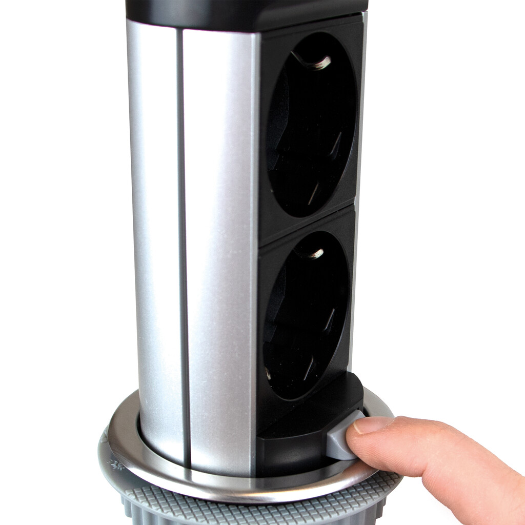 Vertikal Push 60 pull-out multi-connector, diametre 60mm, 2 x Schuko plugs, 2 x USB type A, Steel and Plastic, Stainless steel-6