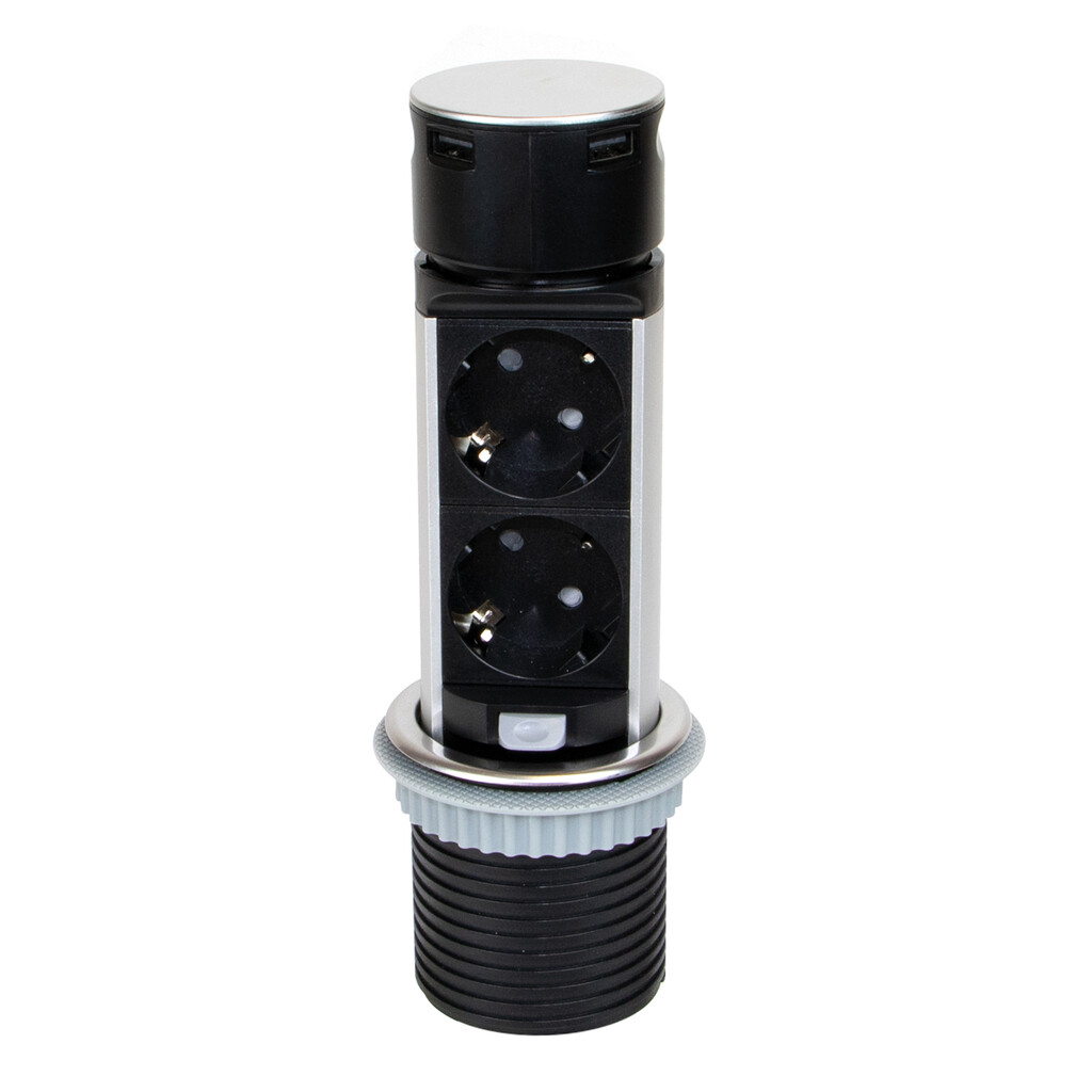 Vertikal Push 60 pull-out multi-connector, diametre 60mm, 2 x Schuko plugs, 2 x USB type A, Steel and Plastic, Stainless steel-Primary