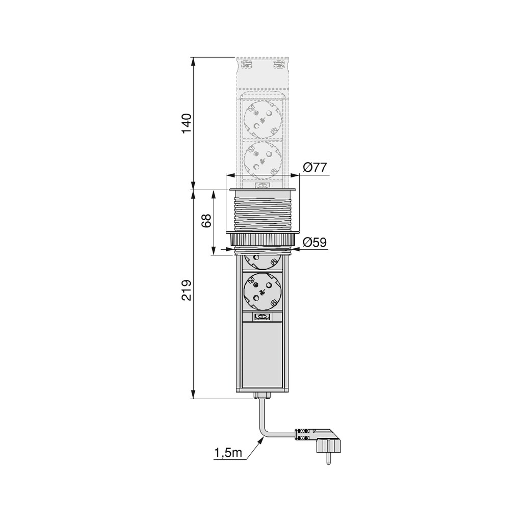 Vertikal Push 60 pull-out multi-connector, diametre 60mm, 2 x Schuko plugs, 2 x USB type A, Steel and Plastic, Stainless steel-1
