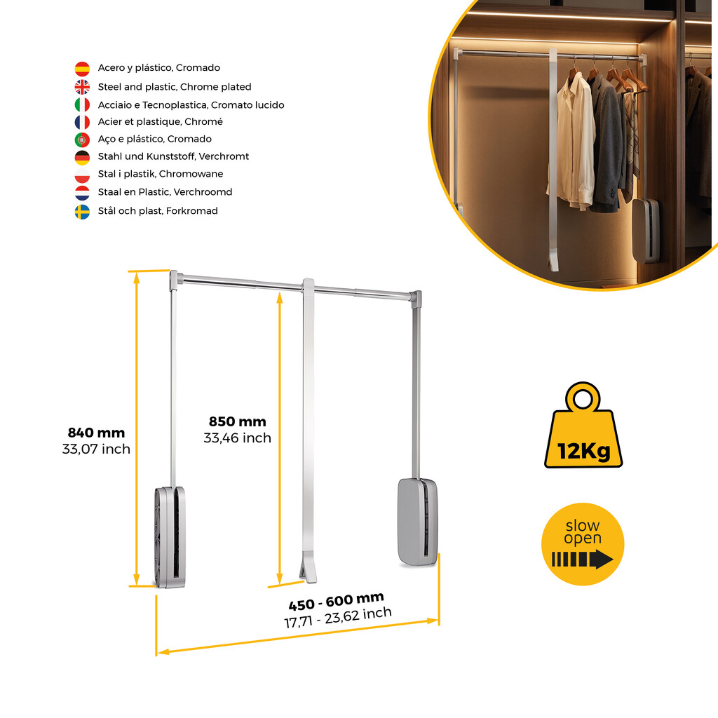 Sling pull down wardrobe rail lift, 450 - 600, Chrome plated, Steel and Plastic-7