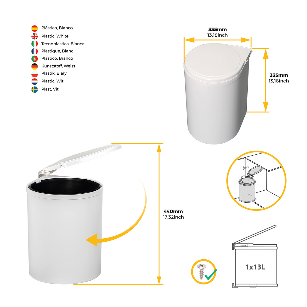Contenedor de reciclaje para fijación a la puerta del mueble, 1 vaso extraíble de 13 litros, Plástico, Blanco-4
