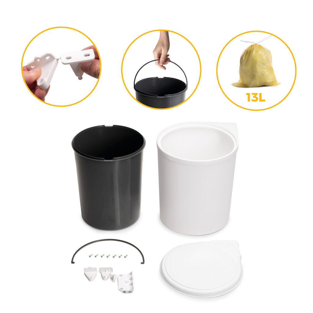Contenedor de reciclaje para fijación a la puerta del mueble, 1 vaso extraíble de 13 litros, Plástico, Blanco-11