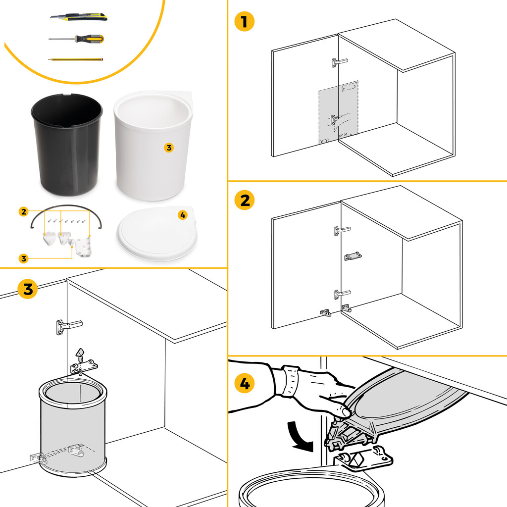 Contenedor de reciclaje para fijación a la puerta del mueble, 1 vaso extraíble de 13 litros, Plástico, Blanco-13