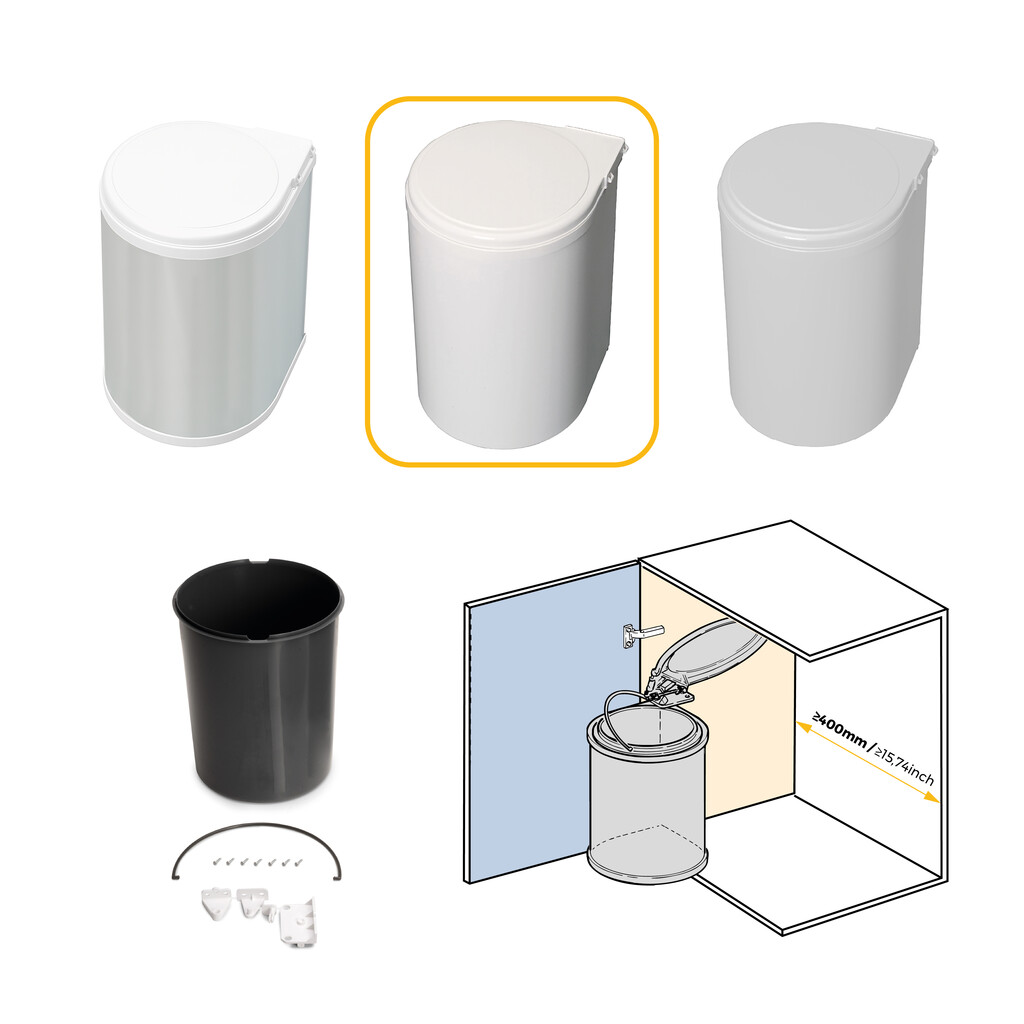 Contenedor de reciclaje para fijación a la puerta del mueble, 1 vaso extraíble de 13 litros, Plástico, Blanco-14
