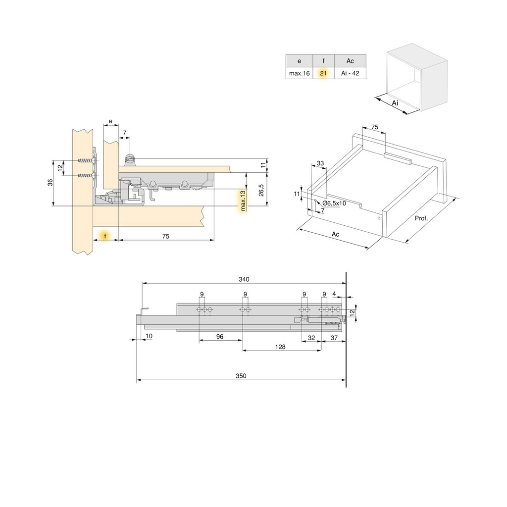 Satz Unterflurführungen Silver, Vollauszug, mit Schließautomatik und Halterung, Tiefe 340mm, Stahl, Verzinkt-1