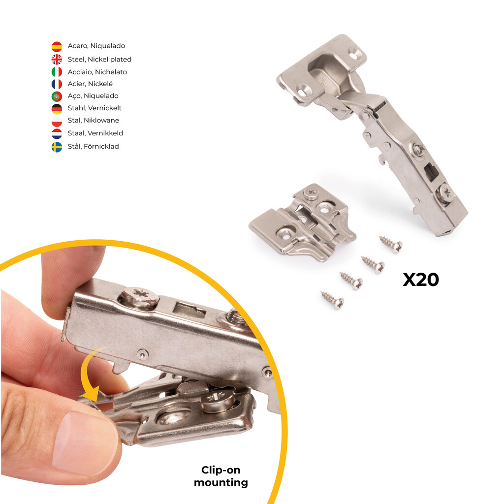 Lot of 20 X91 full Overlay hinges with soft closing and Screw-on plates, Height 0, Steel, Nickel plated-4