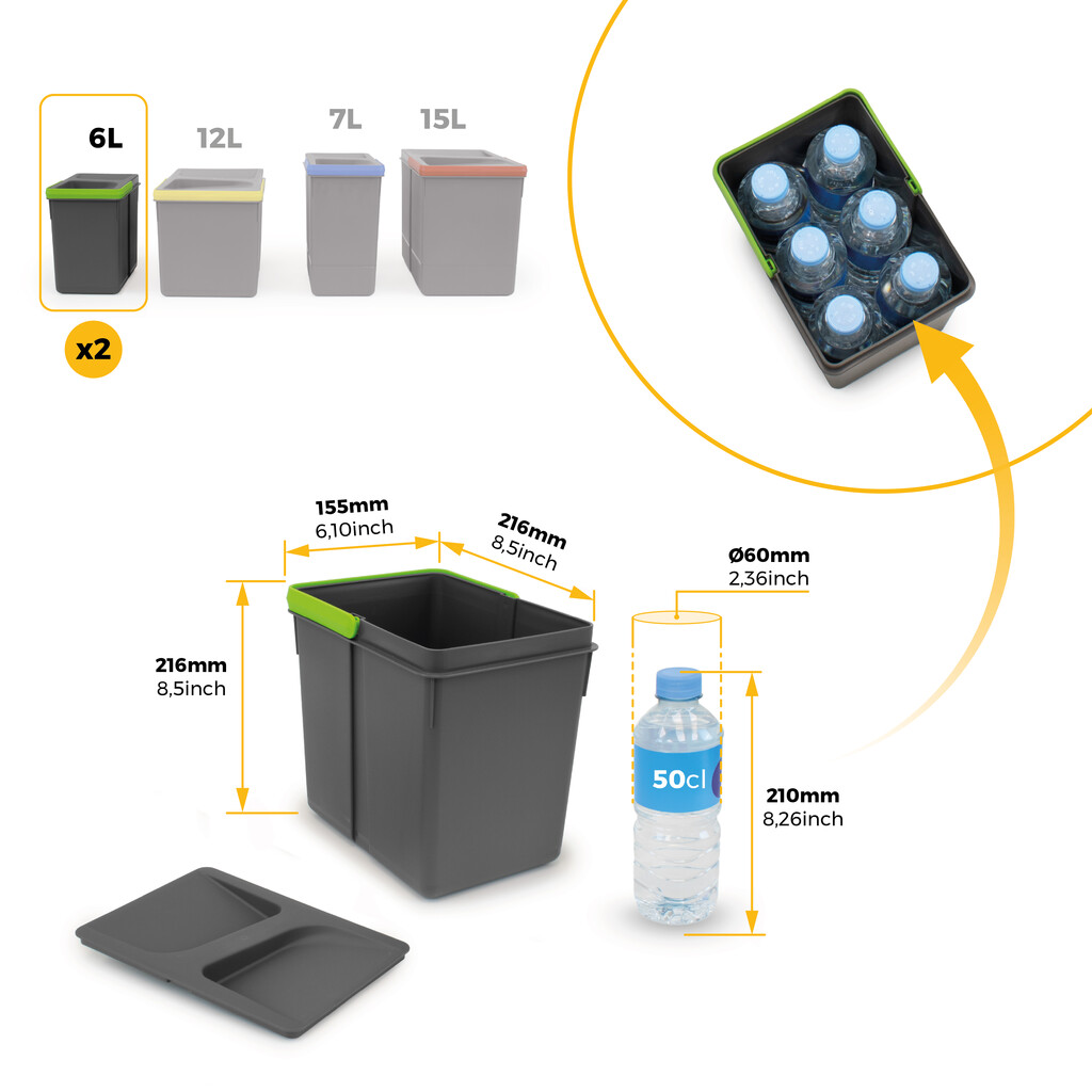 Kit de bacs de tri sélectif pour tiroirs de cuisine Recycle hauteur 216mm, 2x6litres, Plastique gris anthracite-5