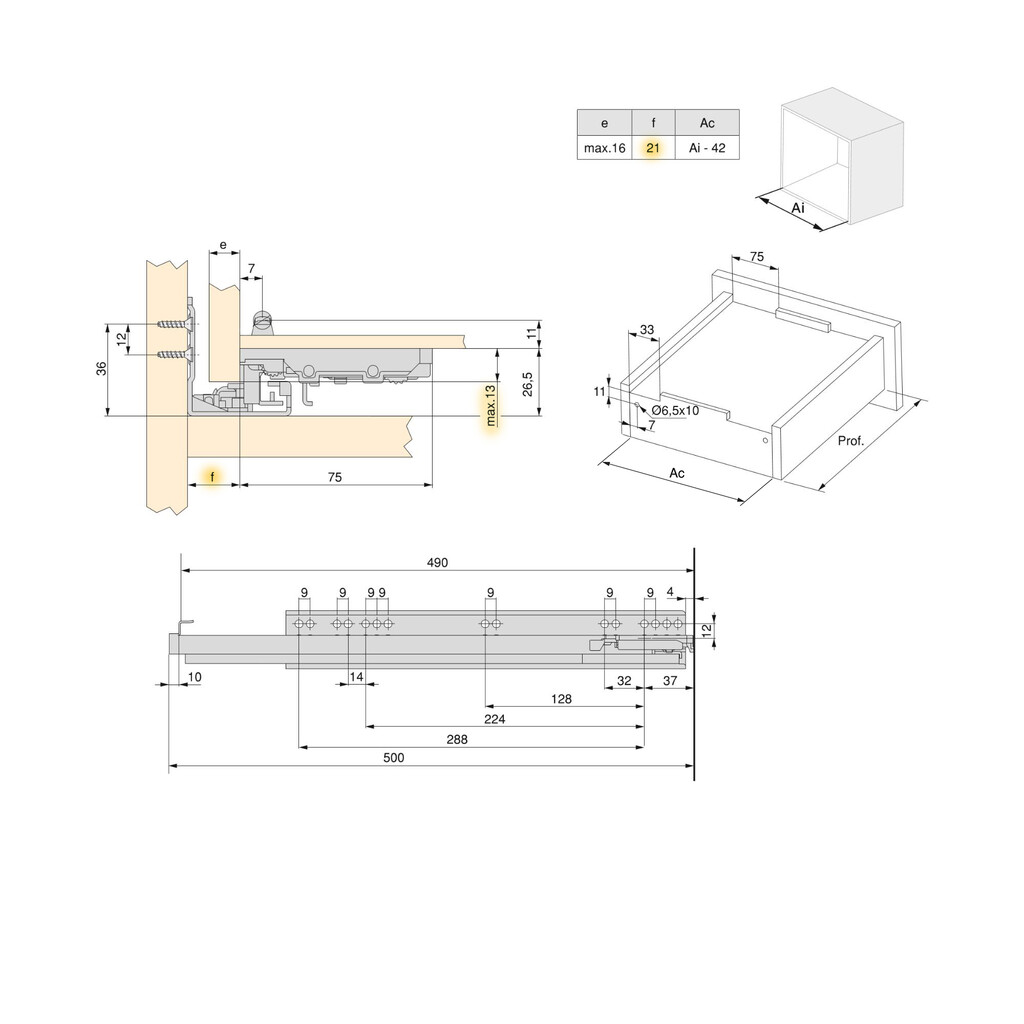 Satz Unterflurführungen Silver, Vollauszug, mit Schließautomatik und Halterung, Tiefe 490mm, Stahl, Verzinkt-1