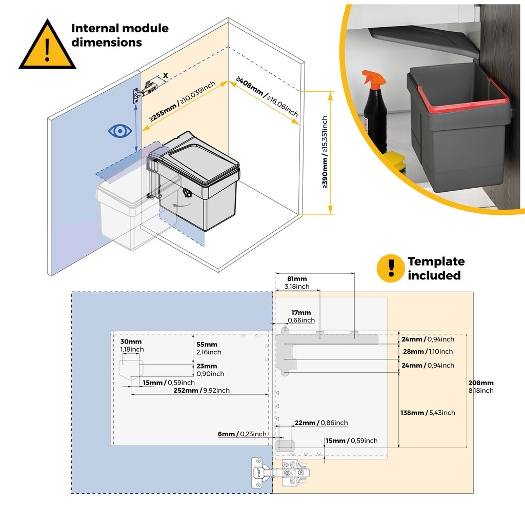 Contenedor de reciclaje para fijación a la puerta del mueble Recycle, 1 vaso extraíble de 15 litros, Plástico gris antracita-3
