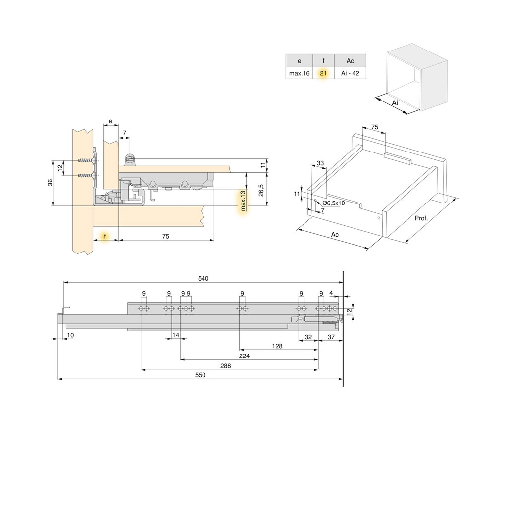 Satz Unterflurführungen Silver, Vollauszug, mit Schließautomatik und Halterung, Tiefe 540mm, Stahl, Verzinkt-1