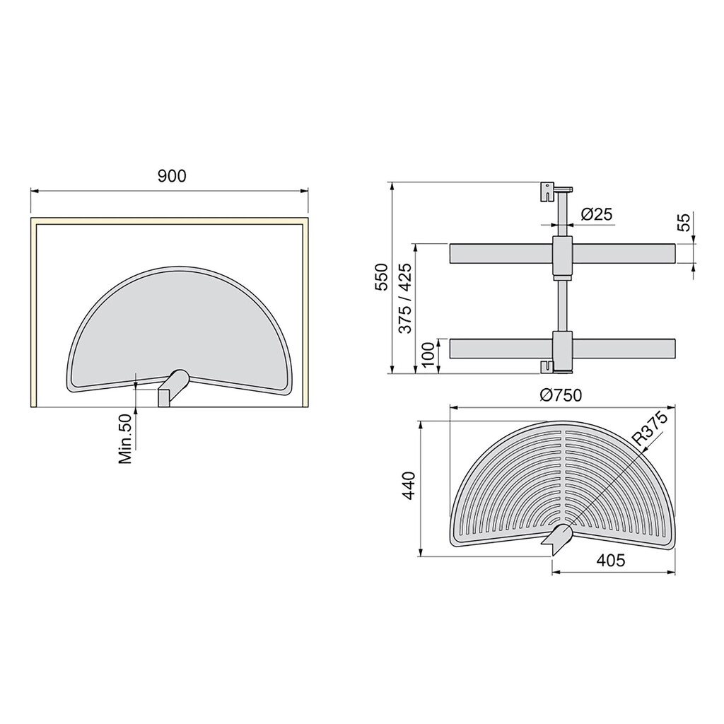 Pair of rotating trays Shelvo 1/2 Luna, for 900mm module, Plastic and Aluminium, White-1