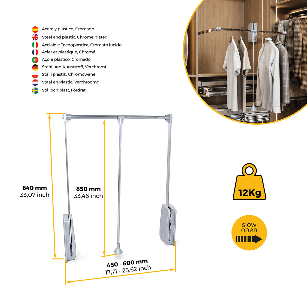 Penderie rabattable pour armoire Hang, 450 - 600, Chromé, Acier et Plastique.-7