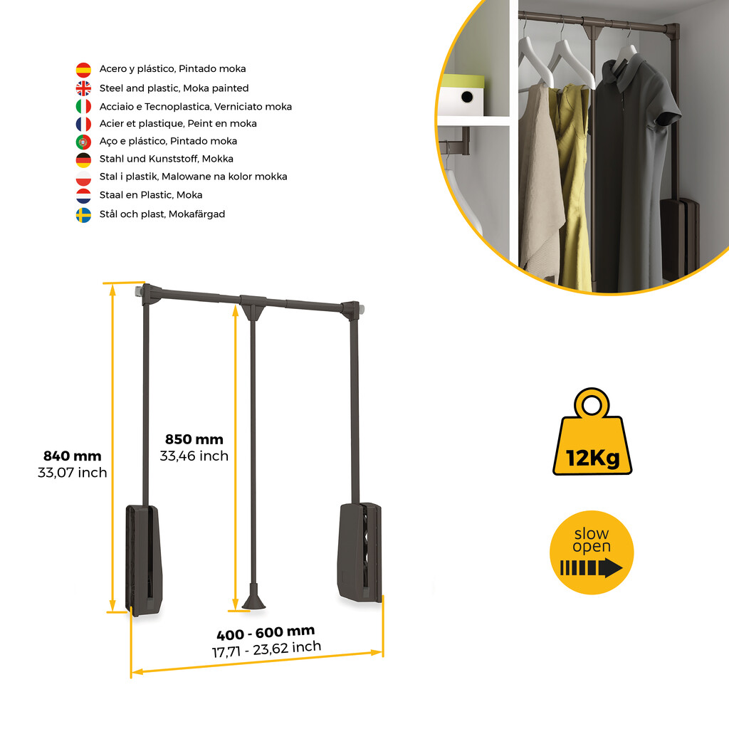 Hang pull down wardrobe rail lift, 450 - 600, Moka painted, Steel and Plastic-10