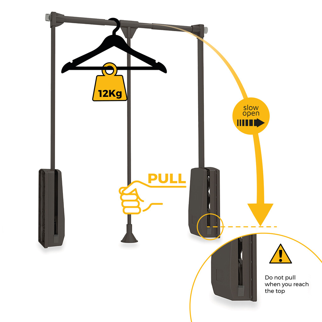 Hang pull down wardrobe rail lift, 600 - 830, Moka painted, Steel and Plastic-11