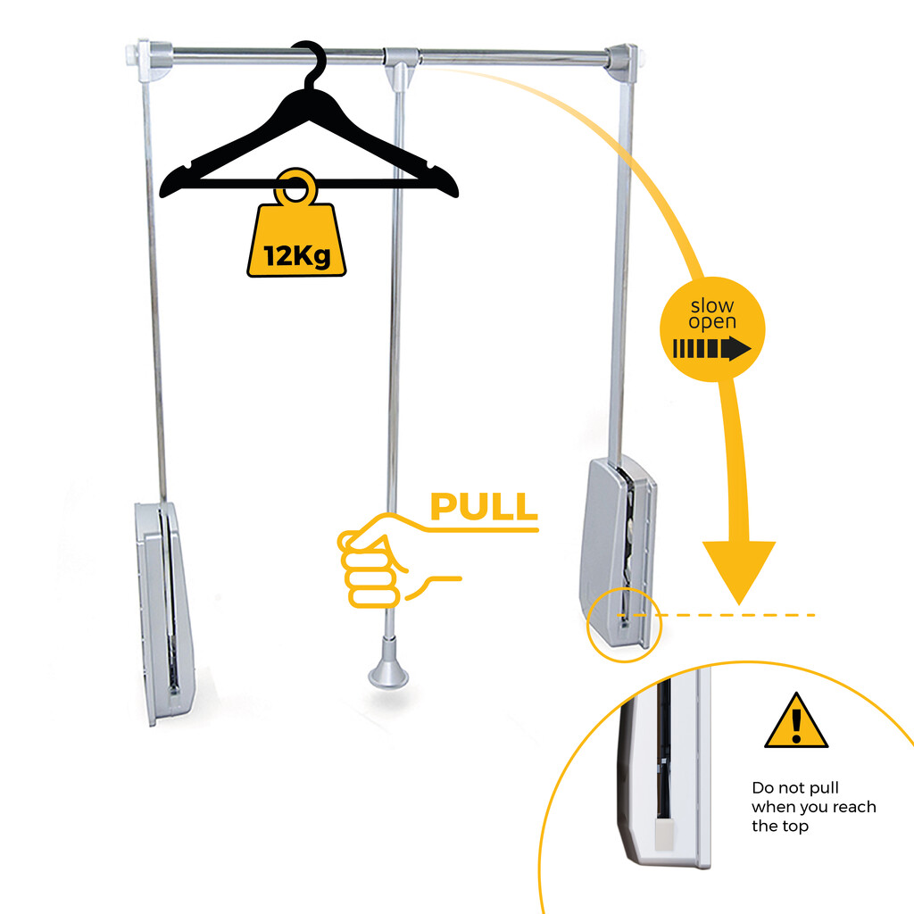 Hang pull down wardrobe rail lift, 830 - 1150, Chrome plated, Steel and Plastic-8