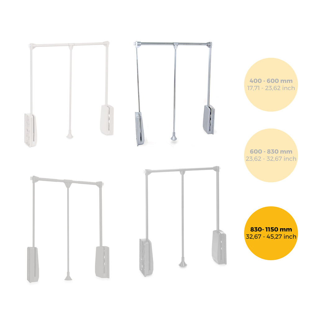 Hang pull down wardrobe rail lift, 830 - 1150, Chrome plated, Steel and Plastic-10