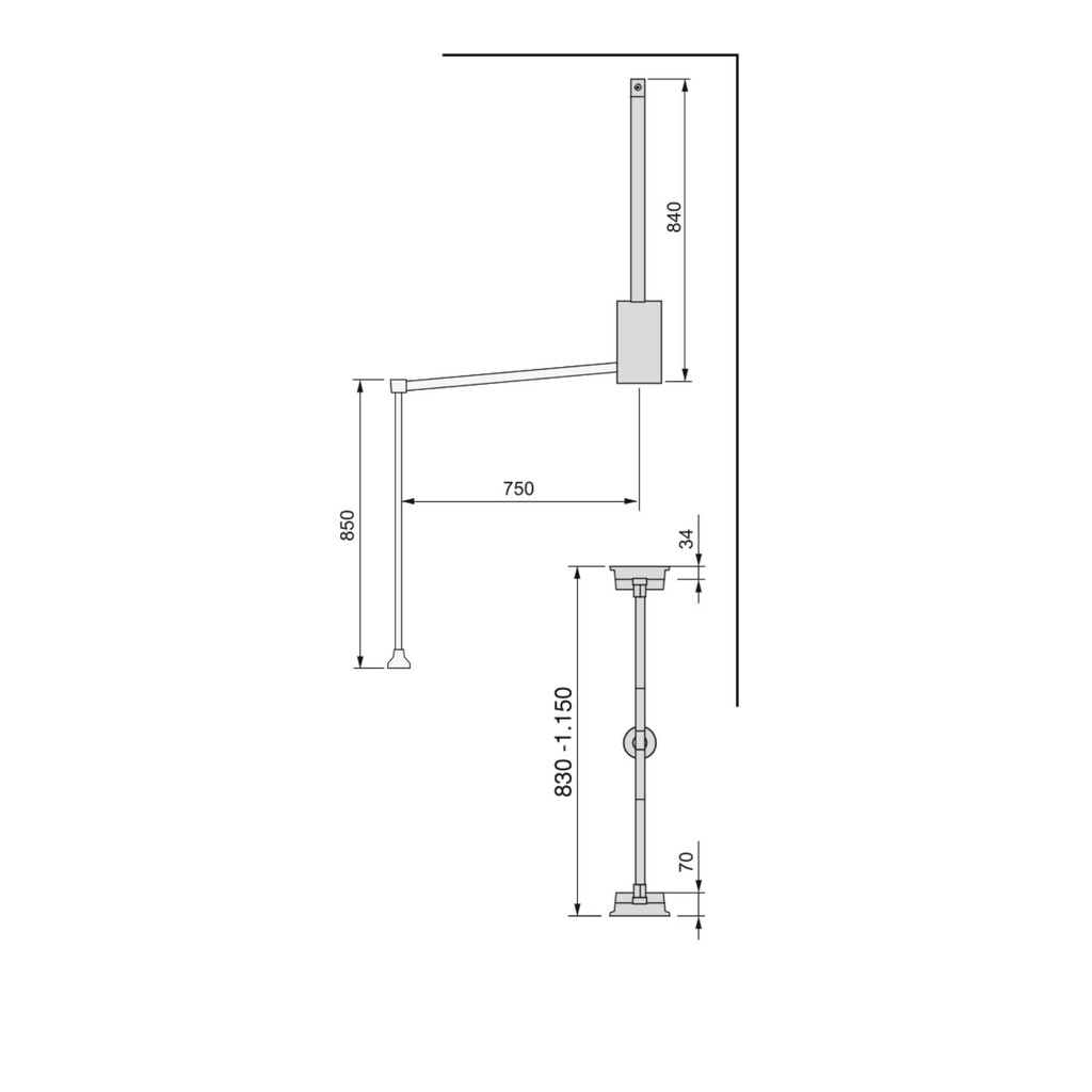 Hang pull down wardrobe rail lift, 830 - 1150, Moka painted, Steel and Plastic-1