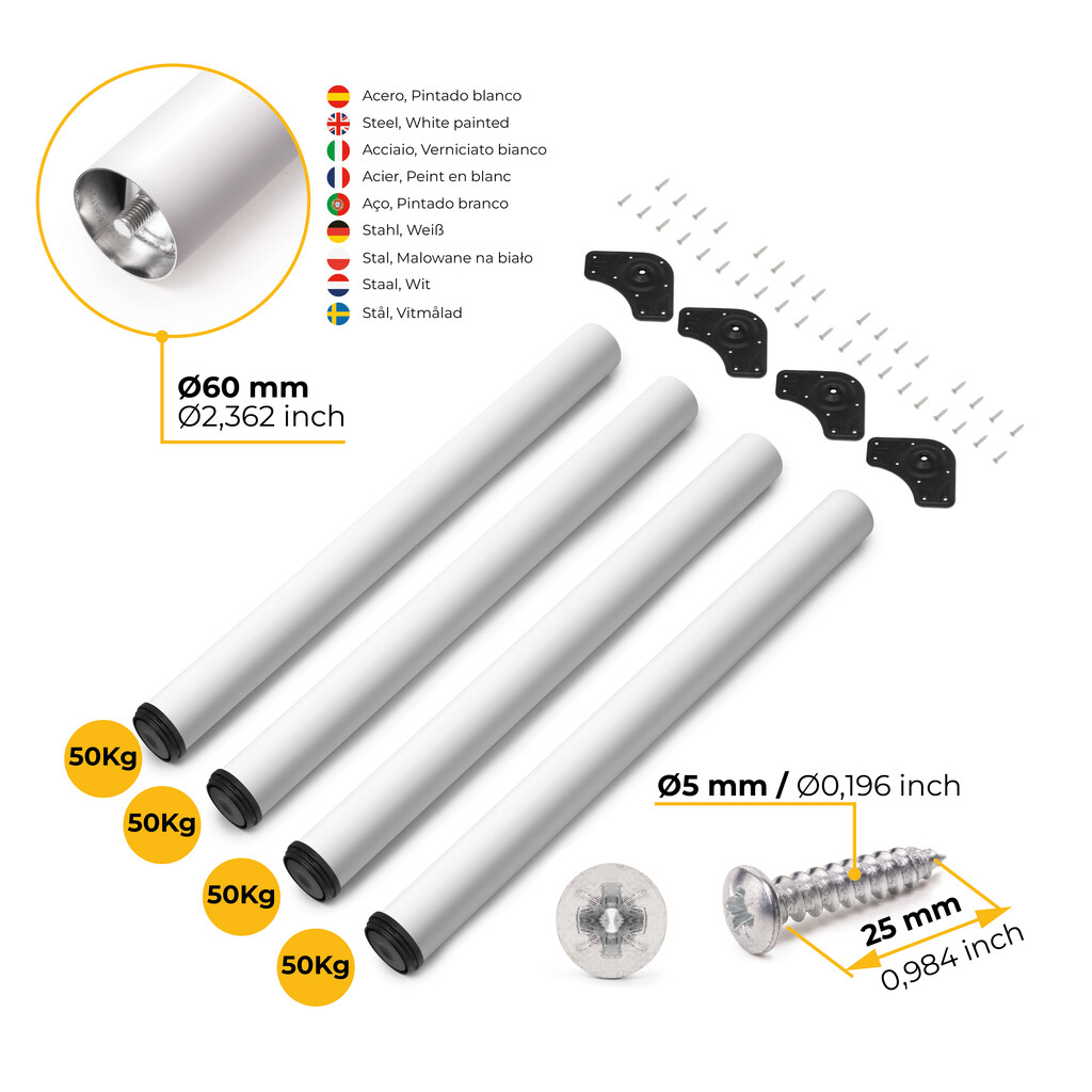 Lot of 4 table legs, diameter 60mm, H 710mm, Steel, White painted-11