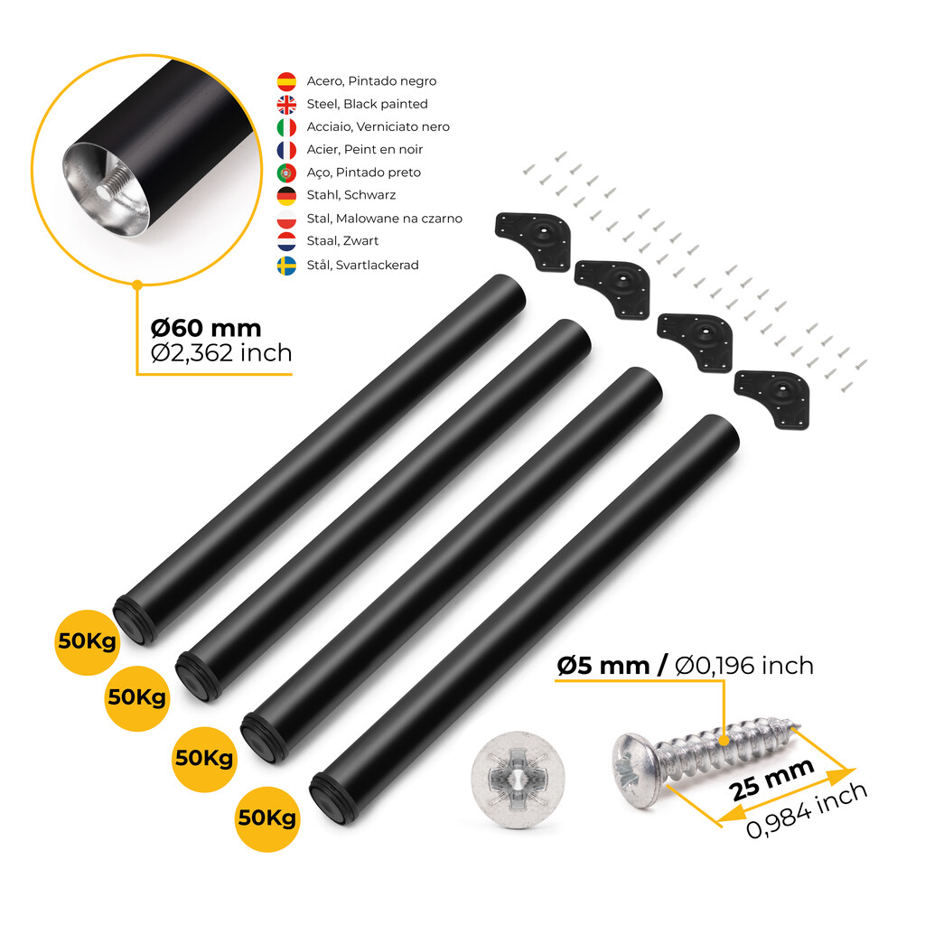 Lot of 4 table legs, diameter 60mm, H 710mm, Steel, Black painted-11