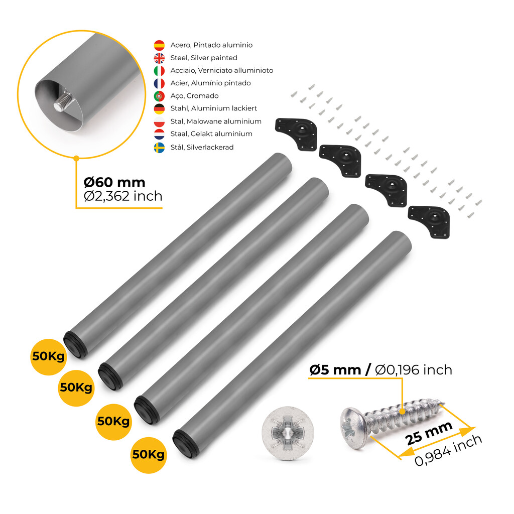 Lot of 4 table legs, diameter 60mm, H 710mm, Steel, Silver painted Aluminium-13