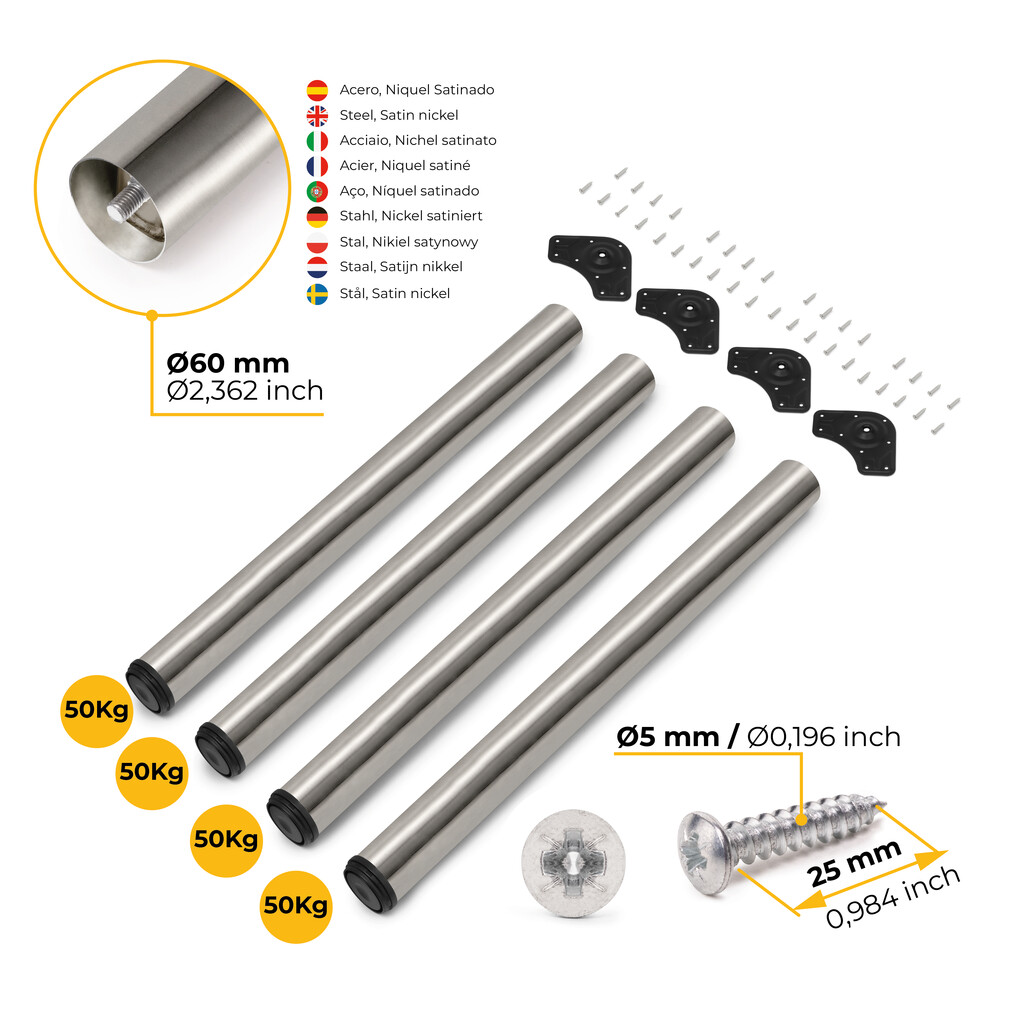 Lot of 4 table legs, diameter 60mm, H 710mm, Steel, Satin finished nickel, Satin finished nickel-12