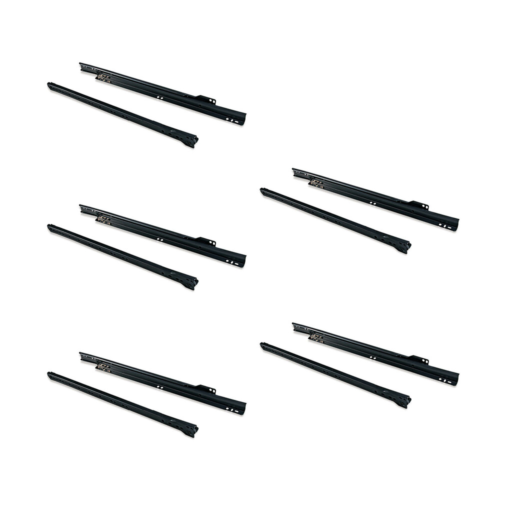 Lot  de 5 jeux de coulisses a roulettes pour tiroir T30, drop lock, longueur 600mm, sortie partielle, Acier, Noir-Primary