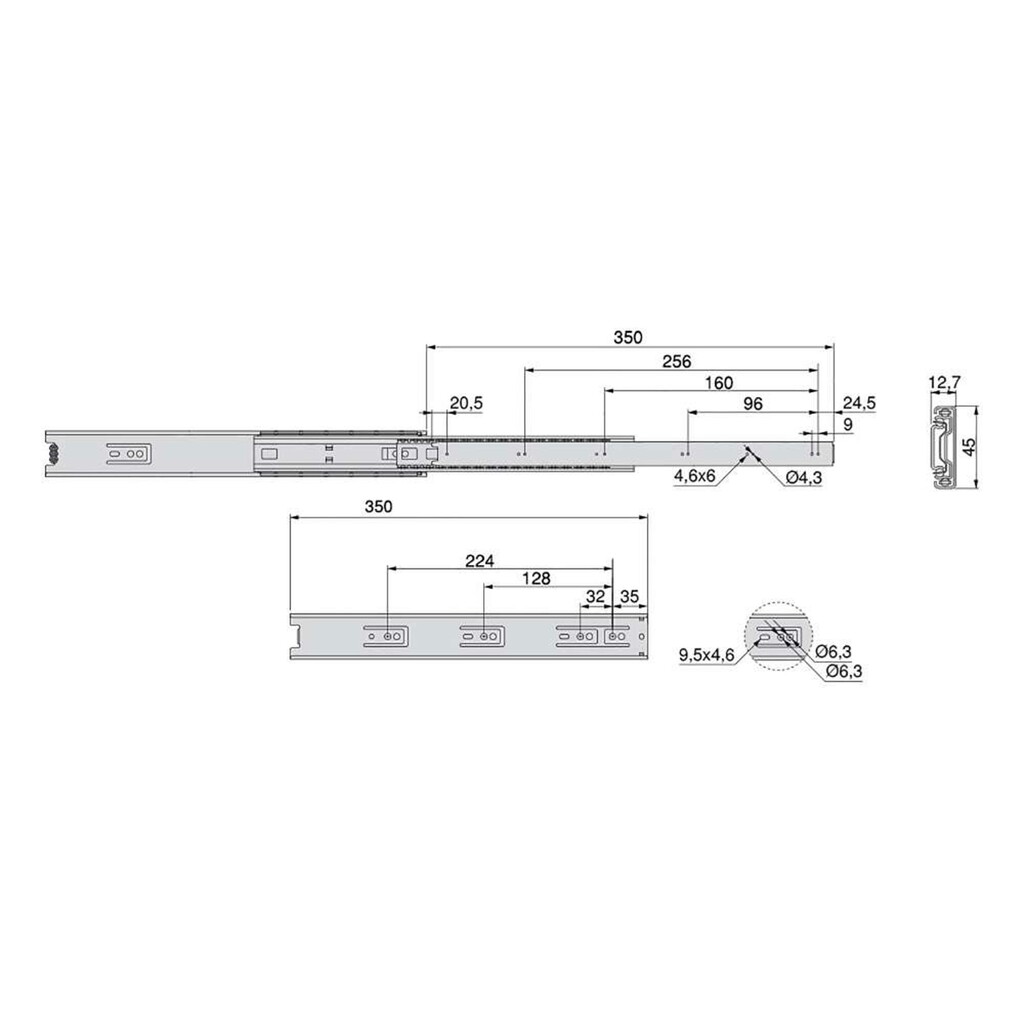 Lot of 5 pairs of ball bearing runners for drawers , height 45mm, depth 350mm, full extension, Zinc plated-1