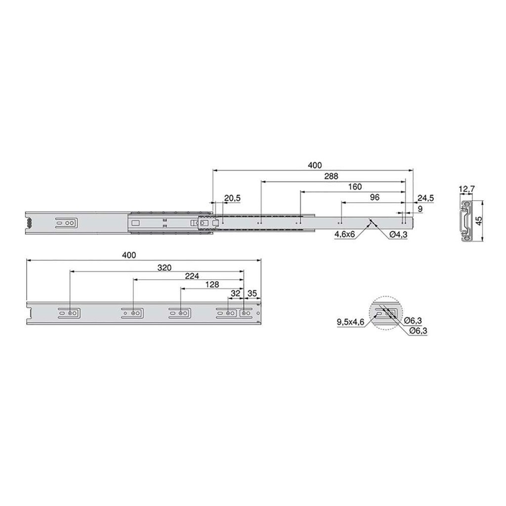 Lot of 5 pairs of ball bearing runners for drawers , height 45mm, depth 400mm, full extension, Zinc plated-1